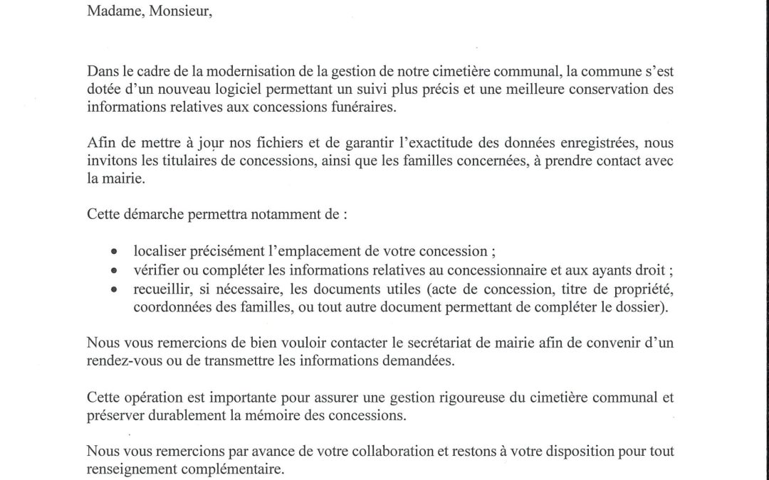 CIMETIÈRE : MODERNISATION DE LA GESTION DES CONCESSIONS